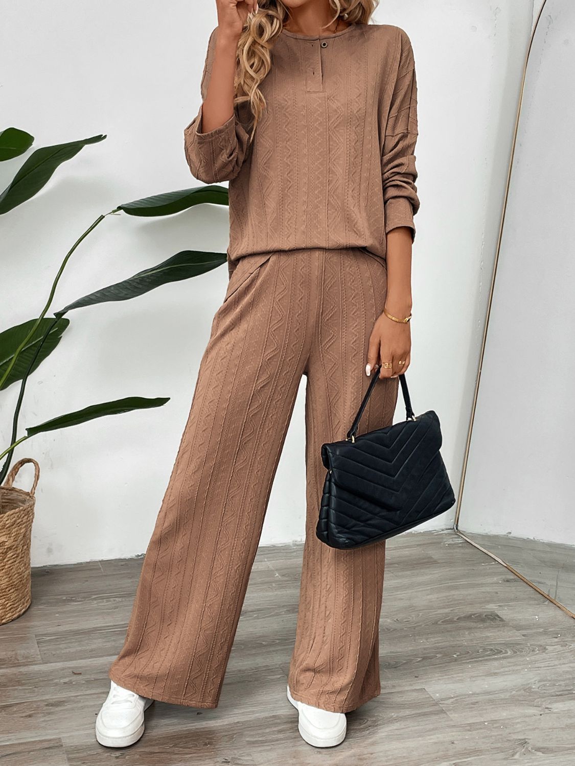 Perfee Quarter Button Long Sleeve Top and Pants Set - Charming Charlie