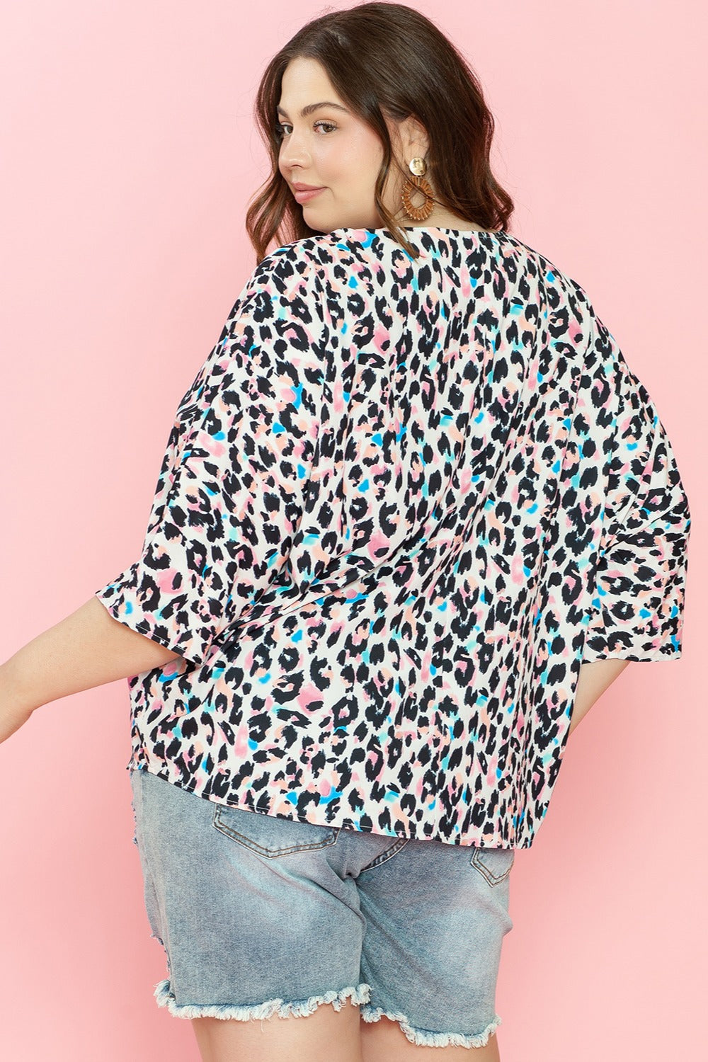 Plus Size Leopard V-Neck Three-Quarter Sleeve Blouse - Charming Charlie