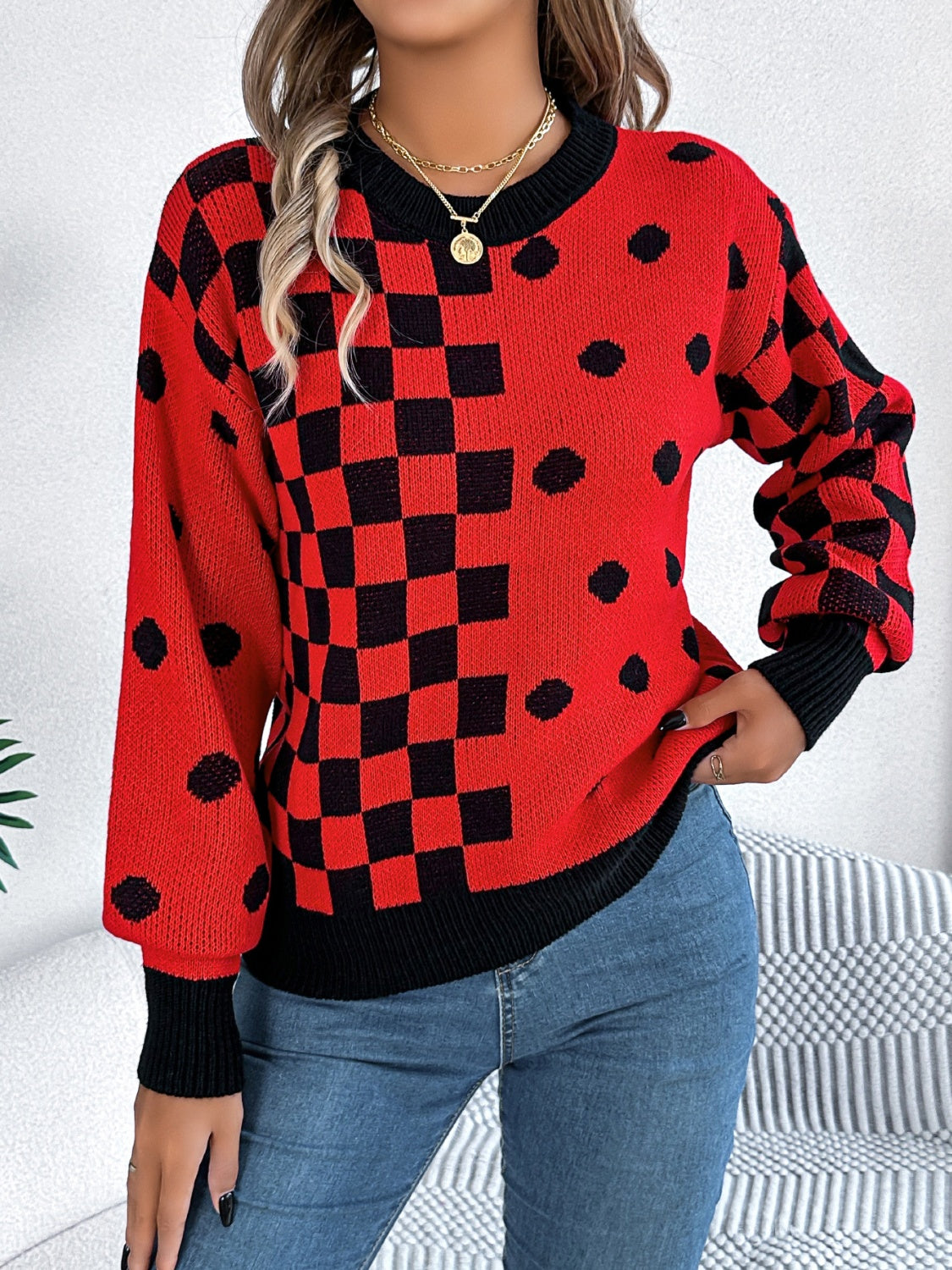 Plaid Round Neck Long Sleeve Sweater - Charming Charlie