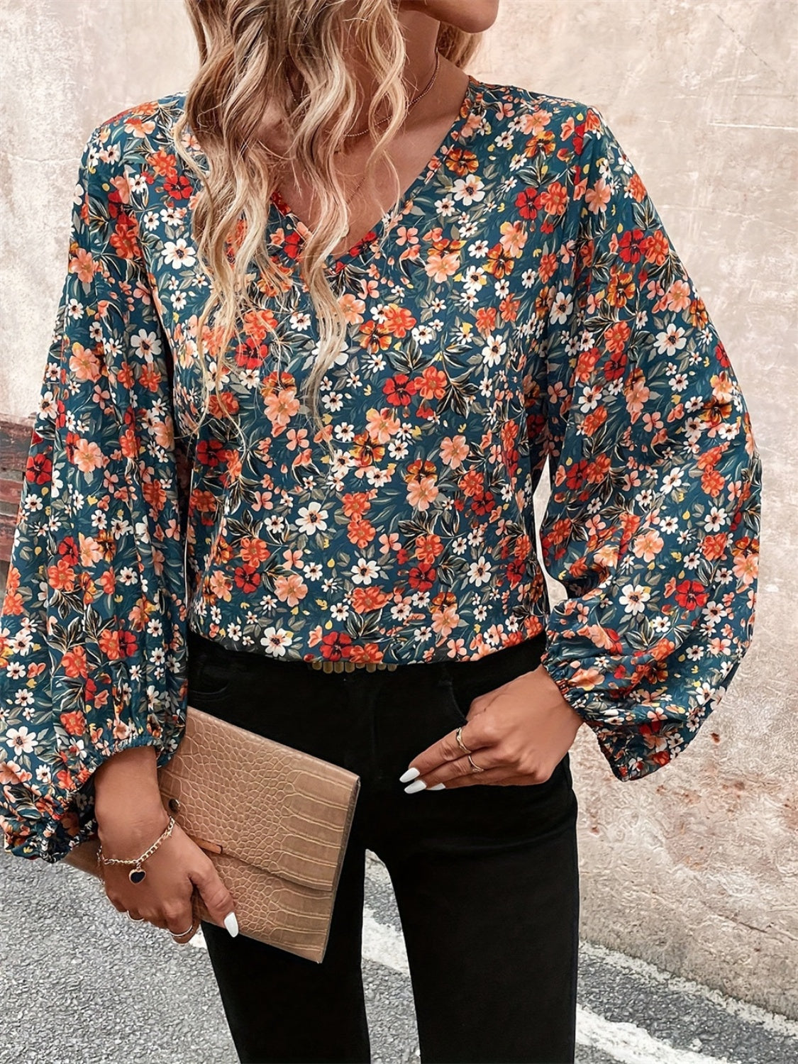 Printed V-Neck Balloon Sleeve Blouse - Charming Charlie