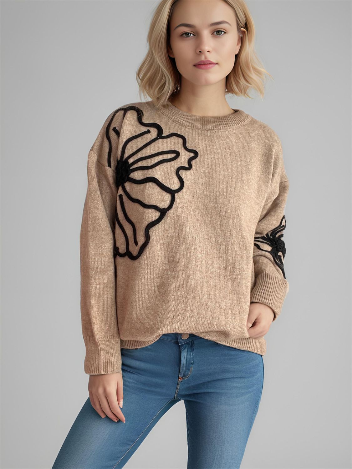 Flower Round Neck Long Sleeve Sweater - Charming Charlie