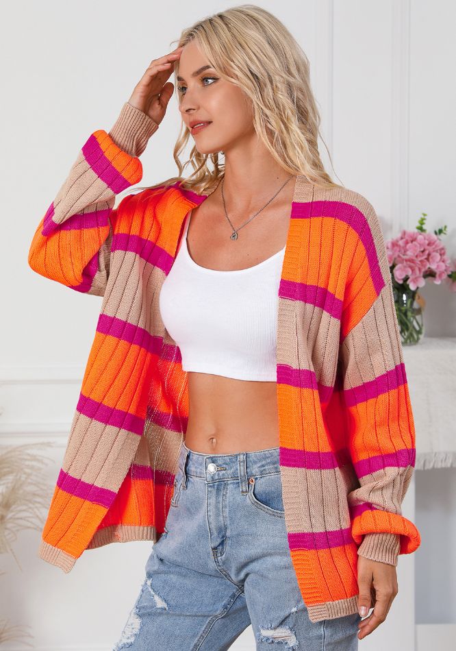 Contrast Striped Drop Shoulder Open Front Cardigan - Charming Charlie