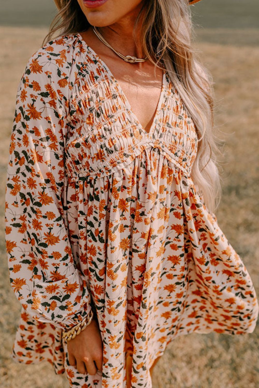 Smocked Printed V-Neck Long Sleeve Dress - Charming Charlie