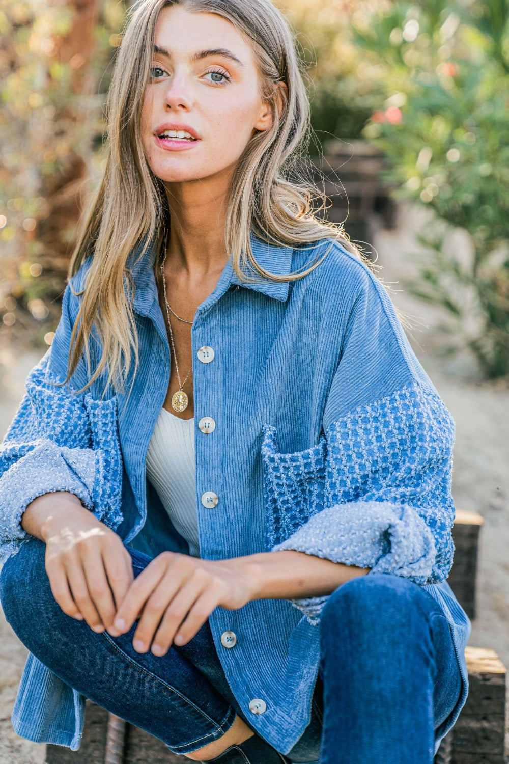 And The Why Button Down Corduroy Contrast Texture Long Sleeve Shacket - Charming Charlie