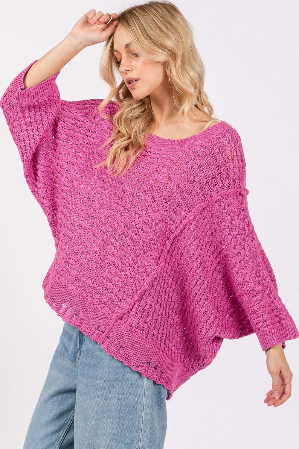 SAGE + FIG Distressed Asymmetrical Open Stitch Sweater - Charming Charlie