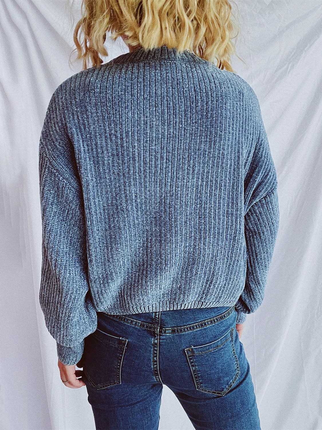 Round Neck Dropped Shoulder Long Sleeve Sweater - Charming Charlie