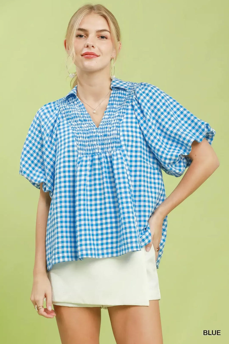 Umgee Smocked Yoke Puff Sleeve Gingham Blouse – Charming Charlie