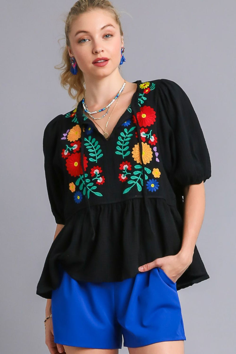 Babyhug Rayon Half Sleeves Top With Floral Embroidery & Pom Pom Lace Detailing - Navy Blue main image 1