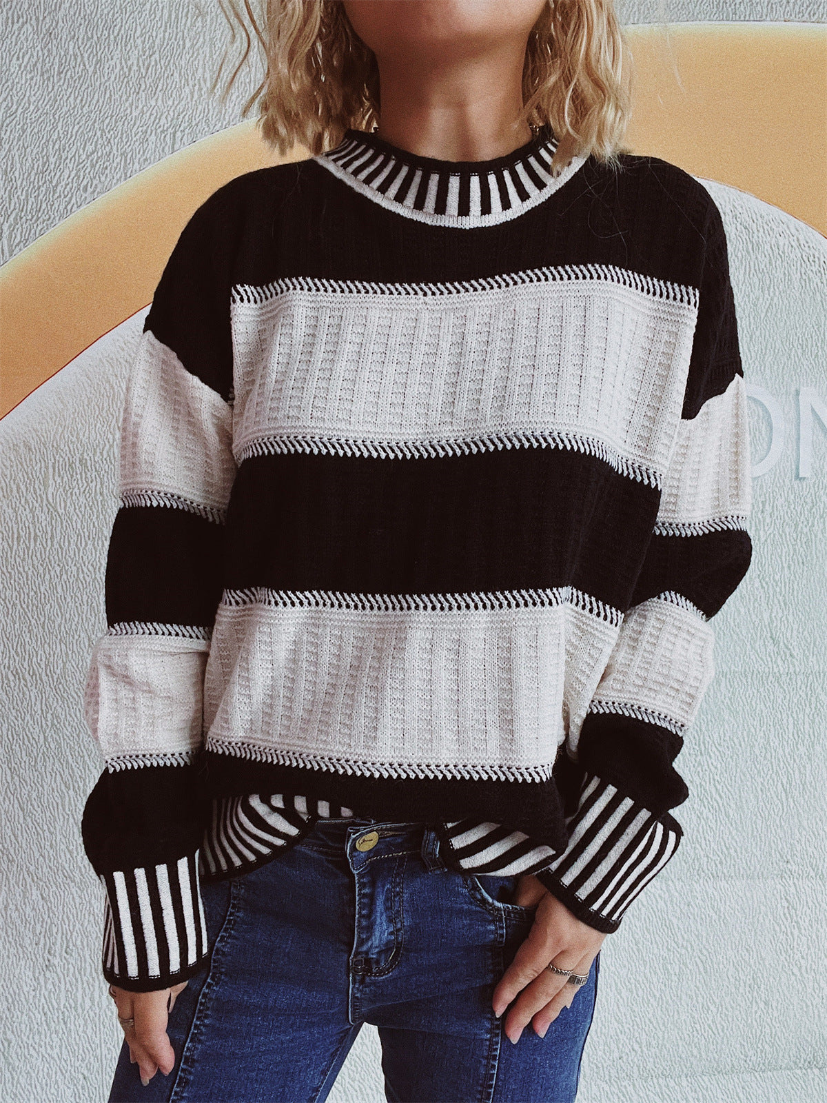 Contrast Round Neck Long Sleeve Sweater - Charming Charlie
