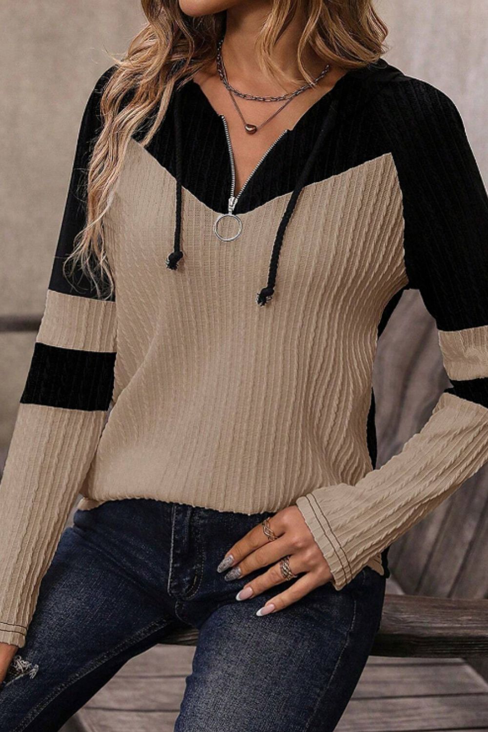 Drawstring Quarter Zip Contrast Long Sleeve Hoodie - Charming Charlie