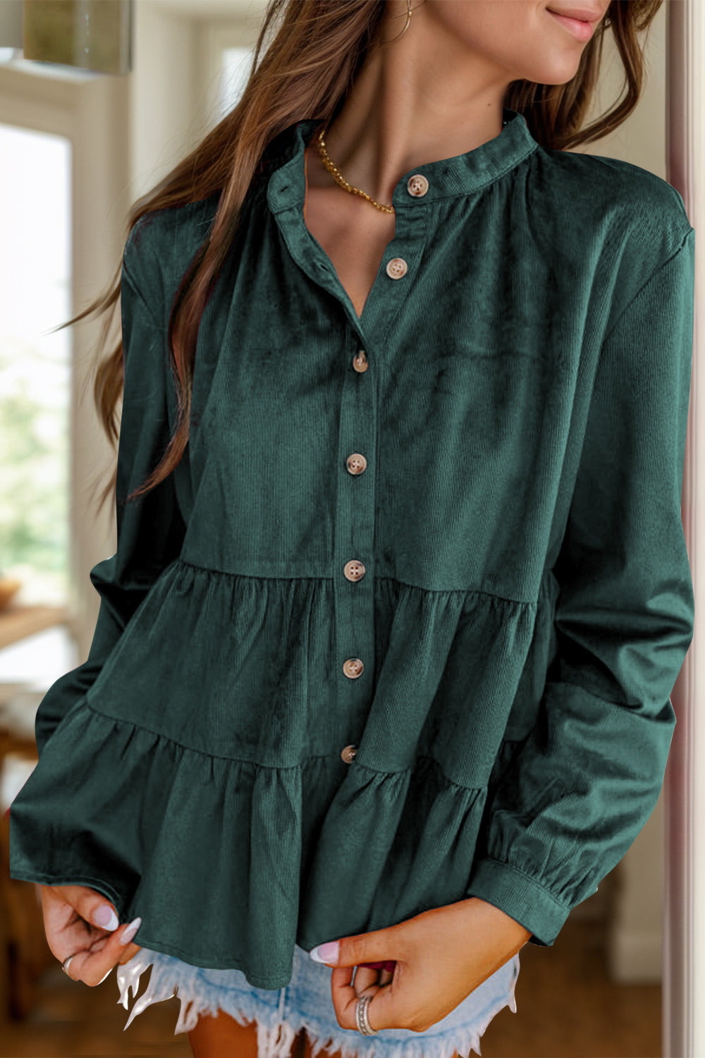 Peplum Round Neck Long Sleeve Shirt - Charming Charlie