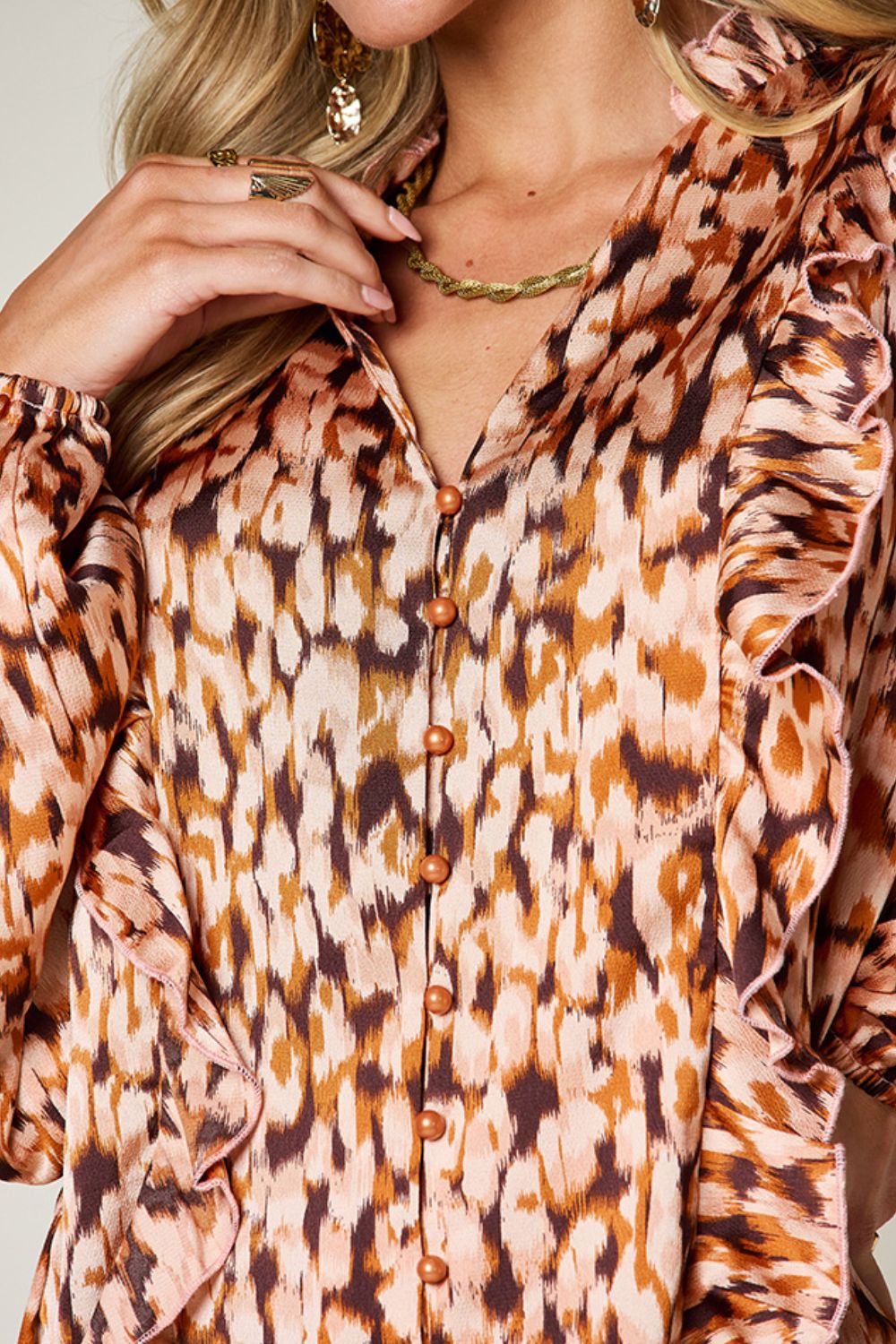 Double Take Full Size Printed Ruffle Trim Balloon Sleeve Shirt - Charming Charlie
