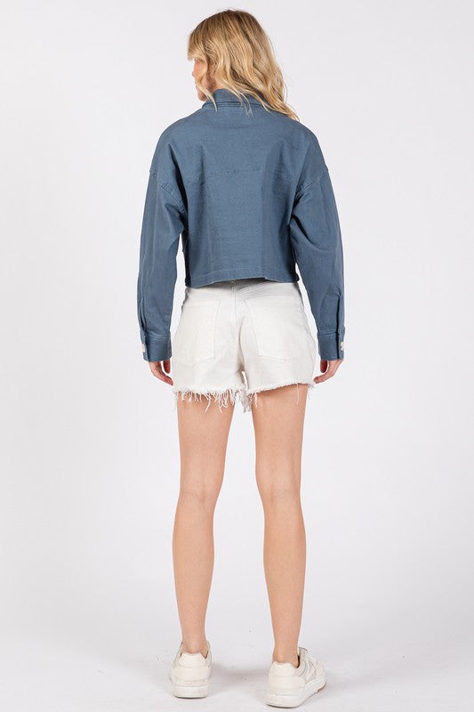 bytos Button Down Cropped Denim Jacket with Patch Pockets - Charming Charlie