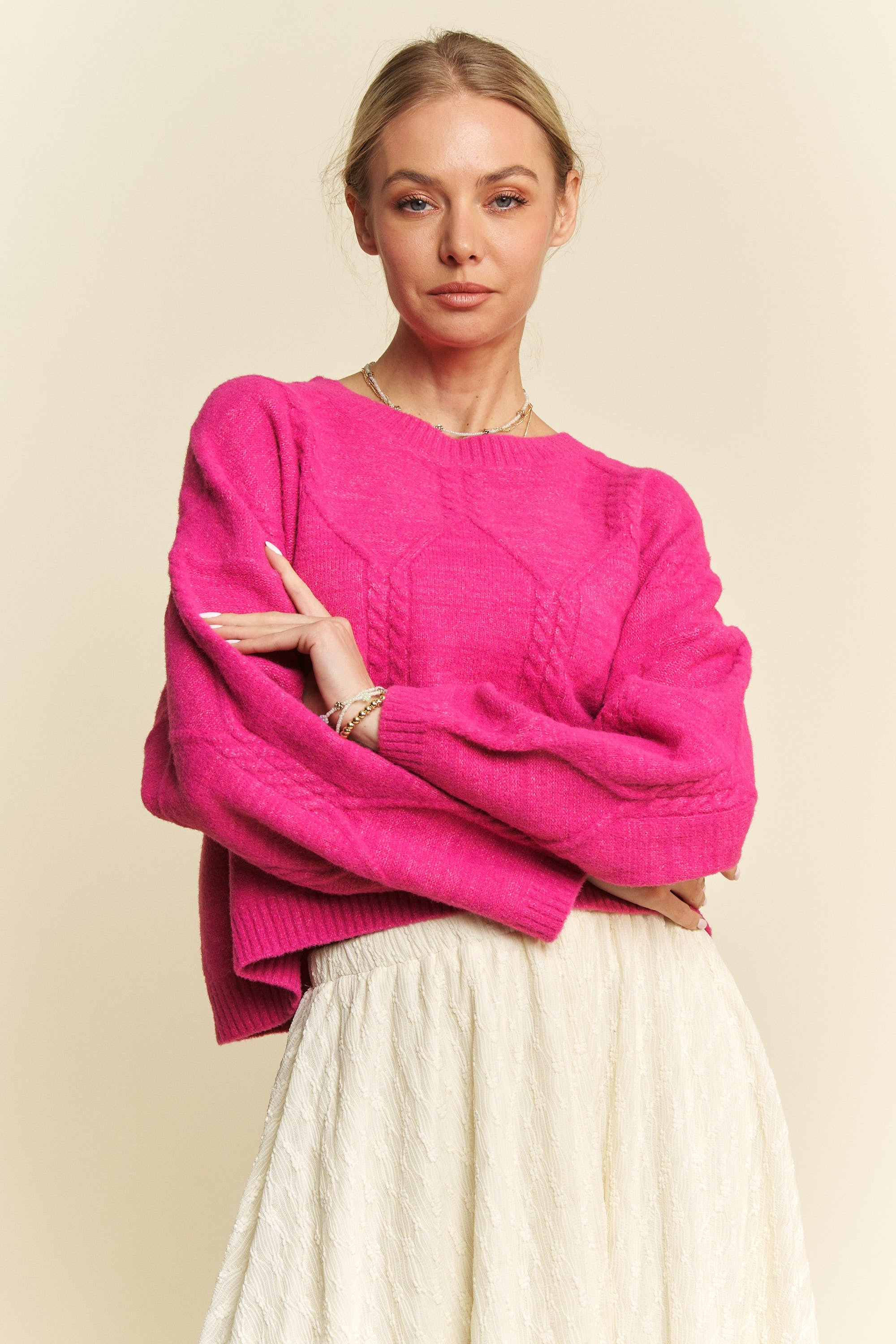 Davi & Dani Diamond Cable Pattern Drop Shoulder Sweater - Charming Charlie