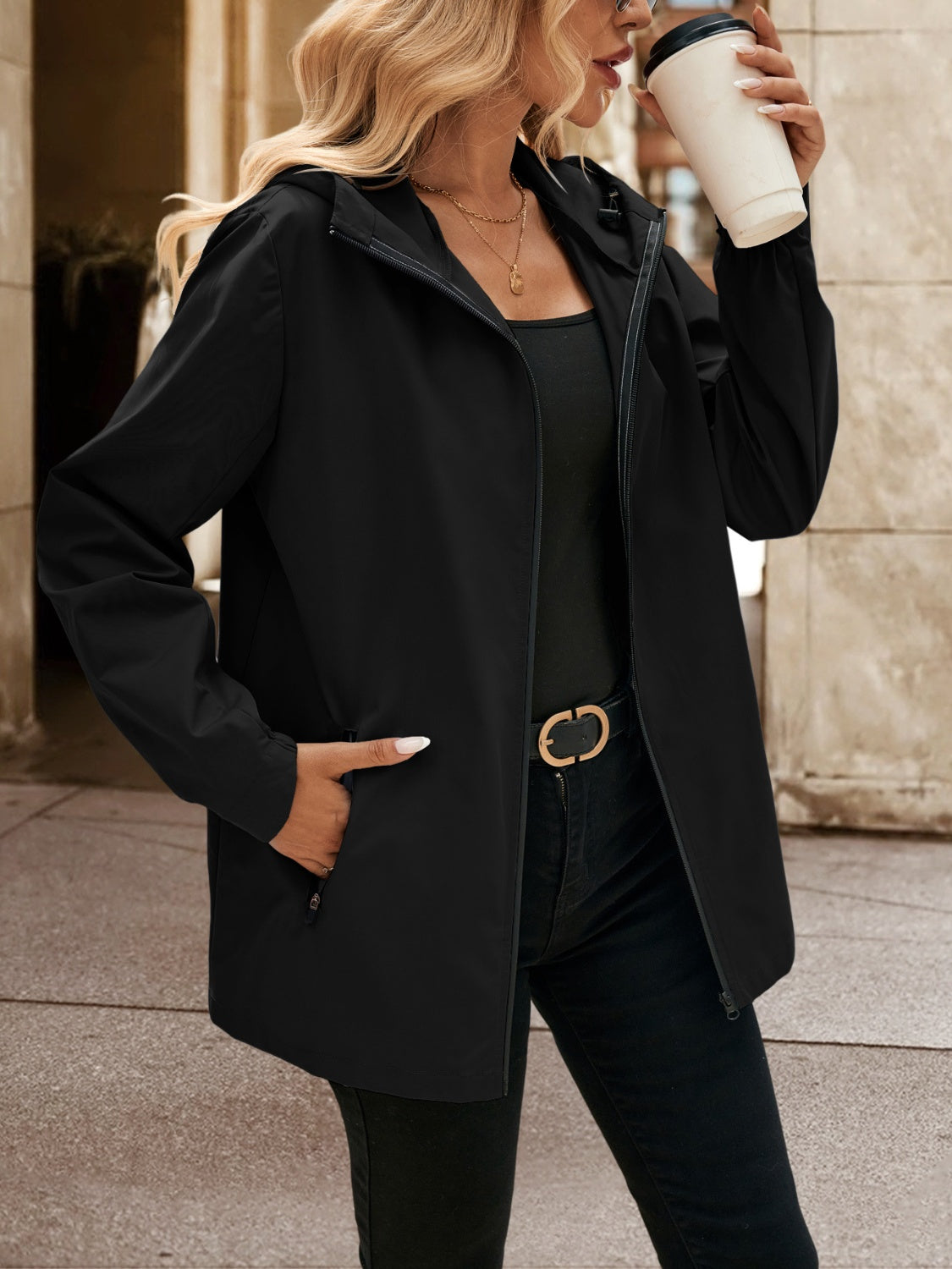 Pocketed Zip Up Hooded Jacket - Charming Charlie