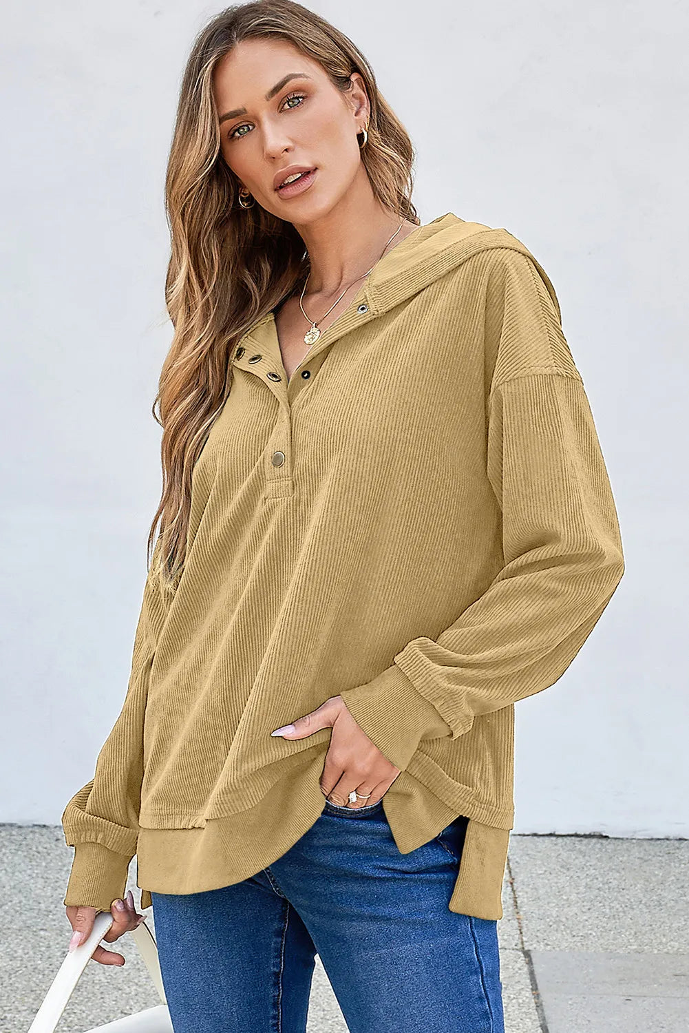 Half Snap Long Sleeve Dropped Shoulder Hoodie - Charming Charlie