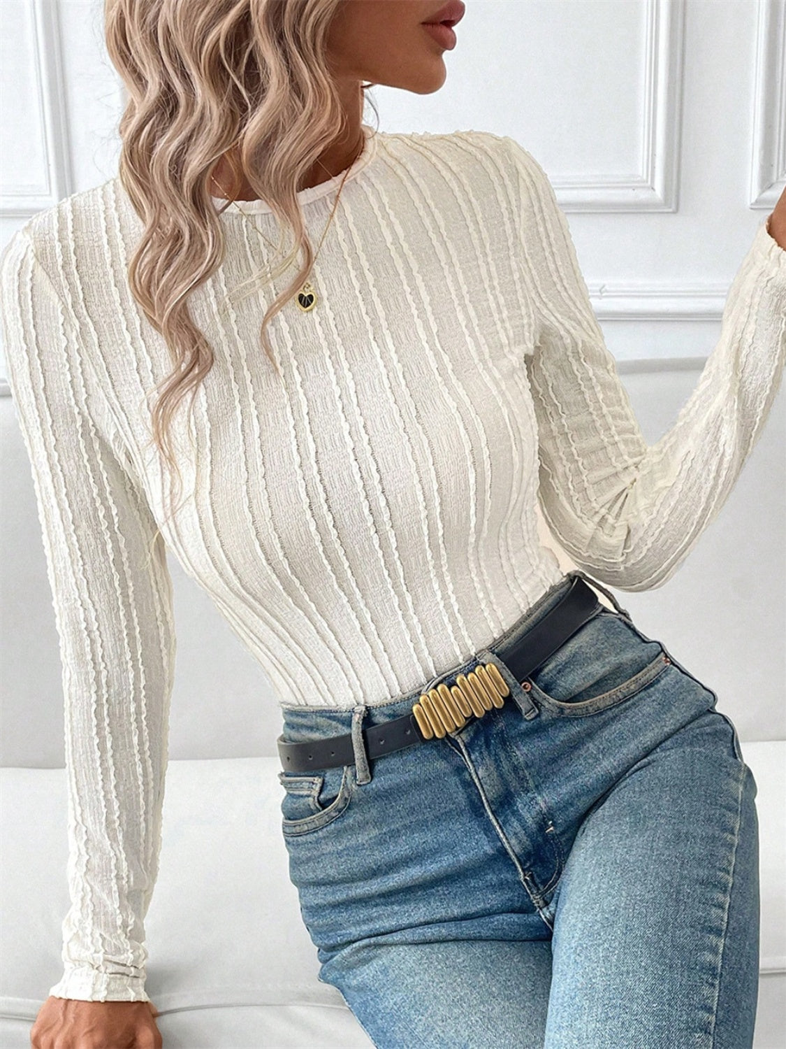 Round Neck Long Sleeve Top - Charming Charlie