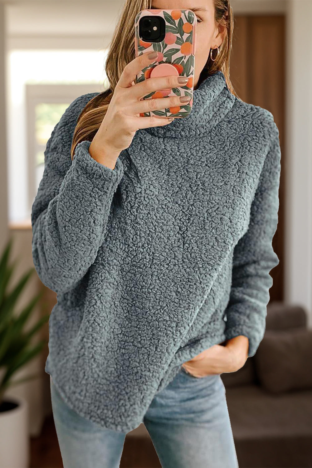 Fuzzy Turtleneck Long Sleeve Sweatshirt - Charming Charlie