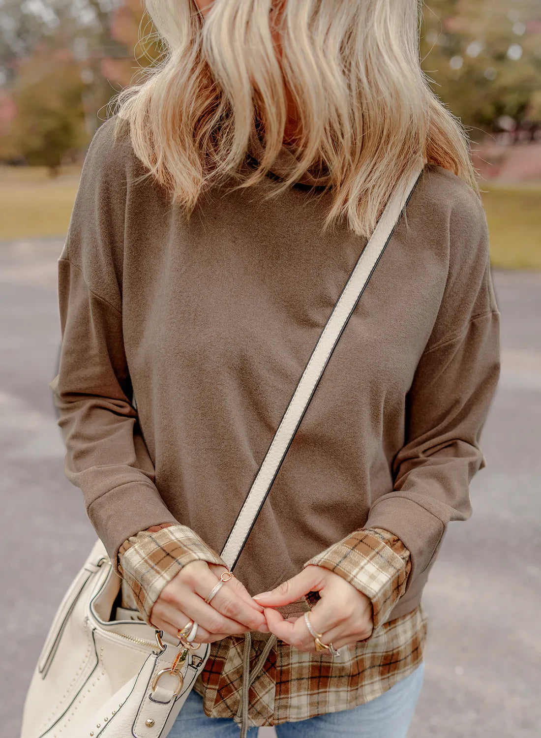 Drawstring Plaid Turtleneck Long Sleeve Top - Charming Charlie