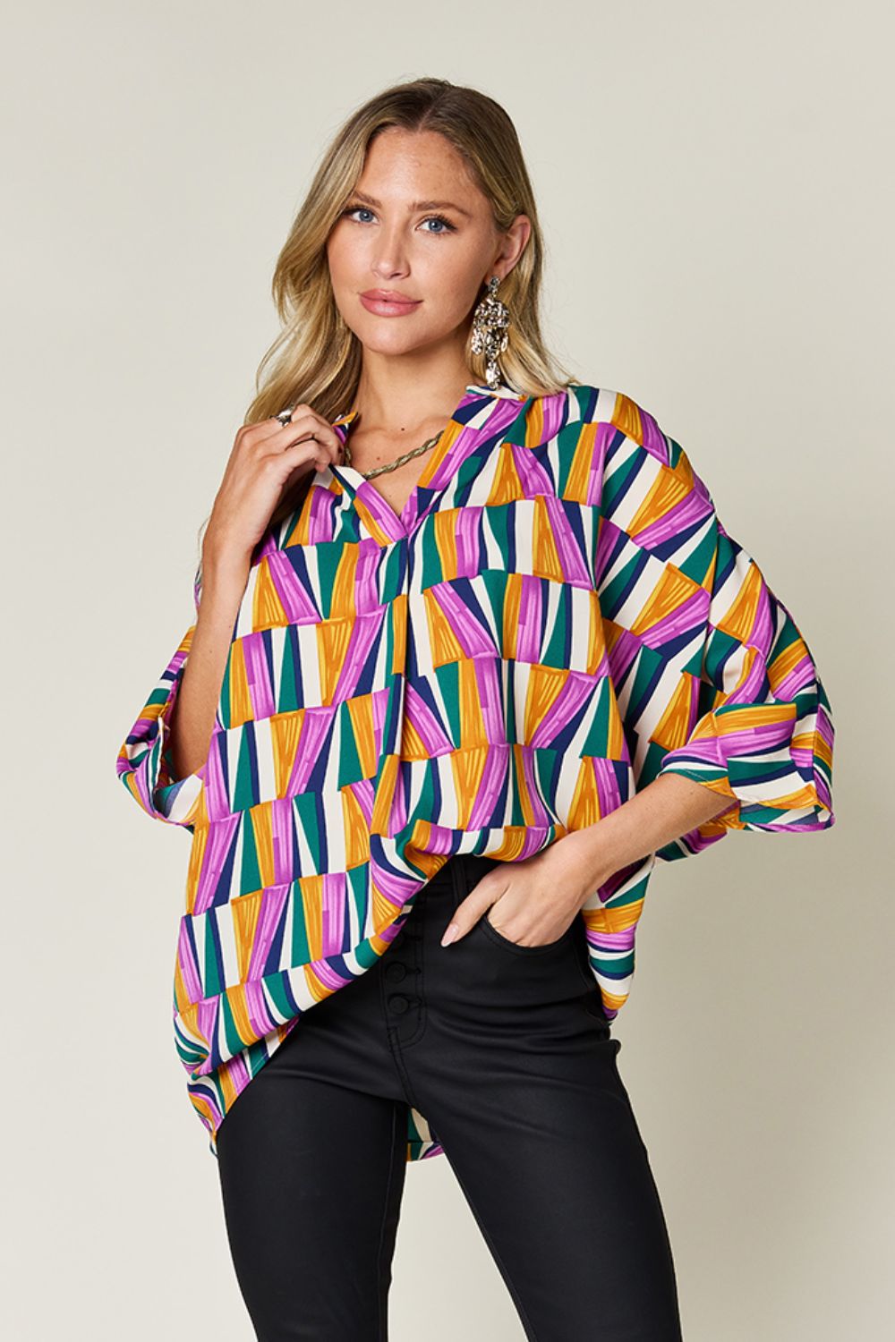 Double Take Full Size Geometric Notched Dolman Sleeve Top - Charming Charlie