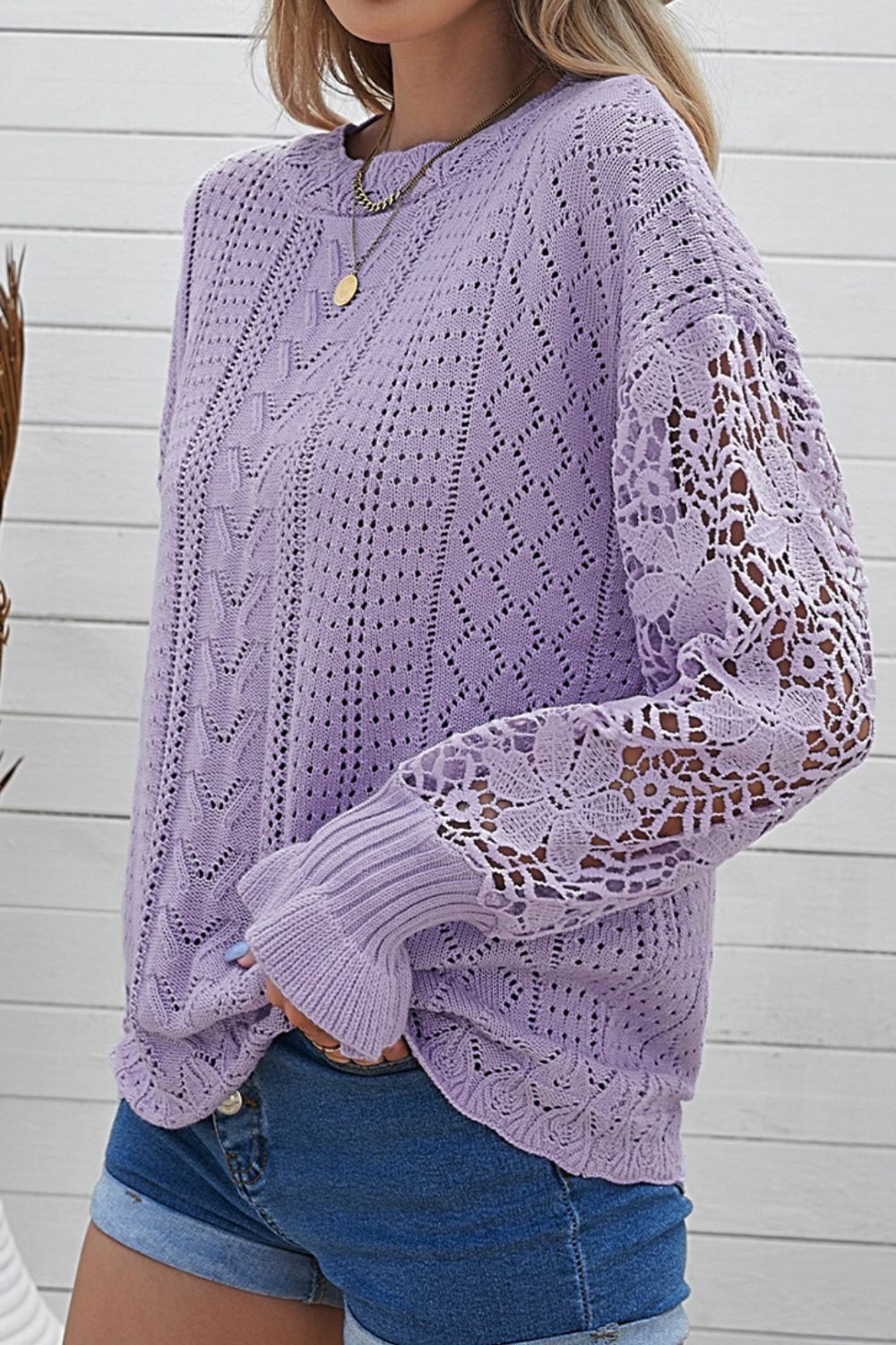 Openwork Round Neck Long Sleeve Sweater - Charming Charlie