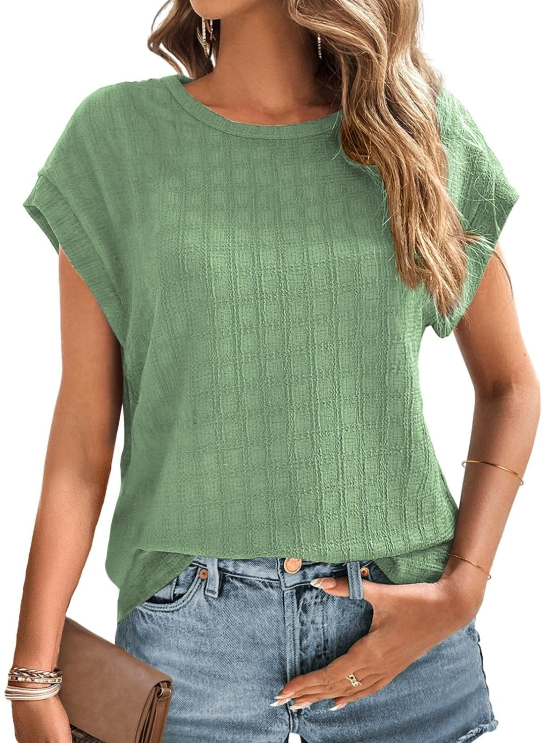 Textured Round Neck Short Sleeve Top - Charming Charlie