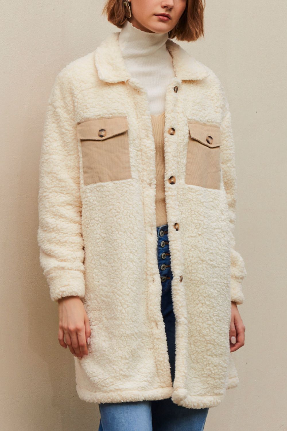 Collared Neck Long Sleeve Longline Teddy Jacket - Charming Charlie
