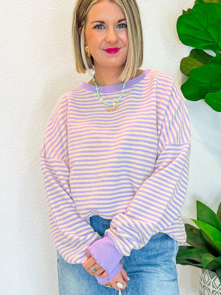 Striped Round Neck Long Sleeve Sweatshirt - Charming Charlie