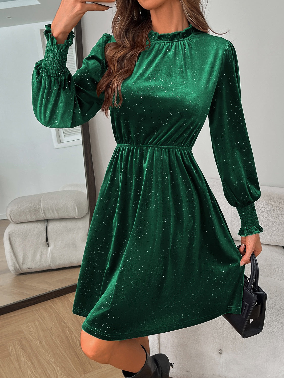 Glitter Mock Neck Long Sleeve Mini Dress - Charming Charlie