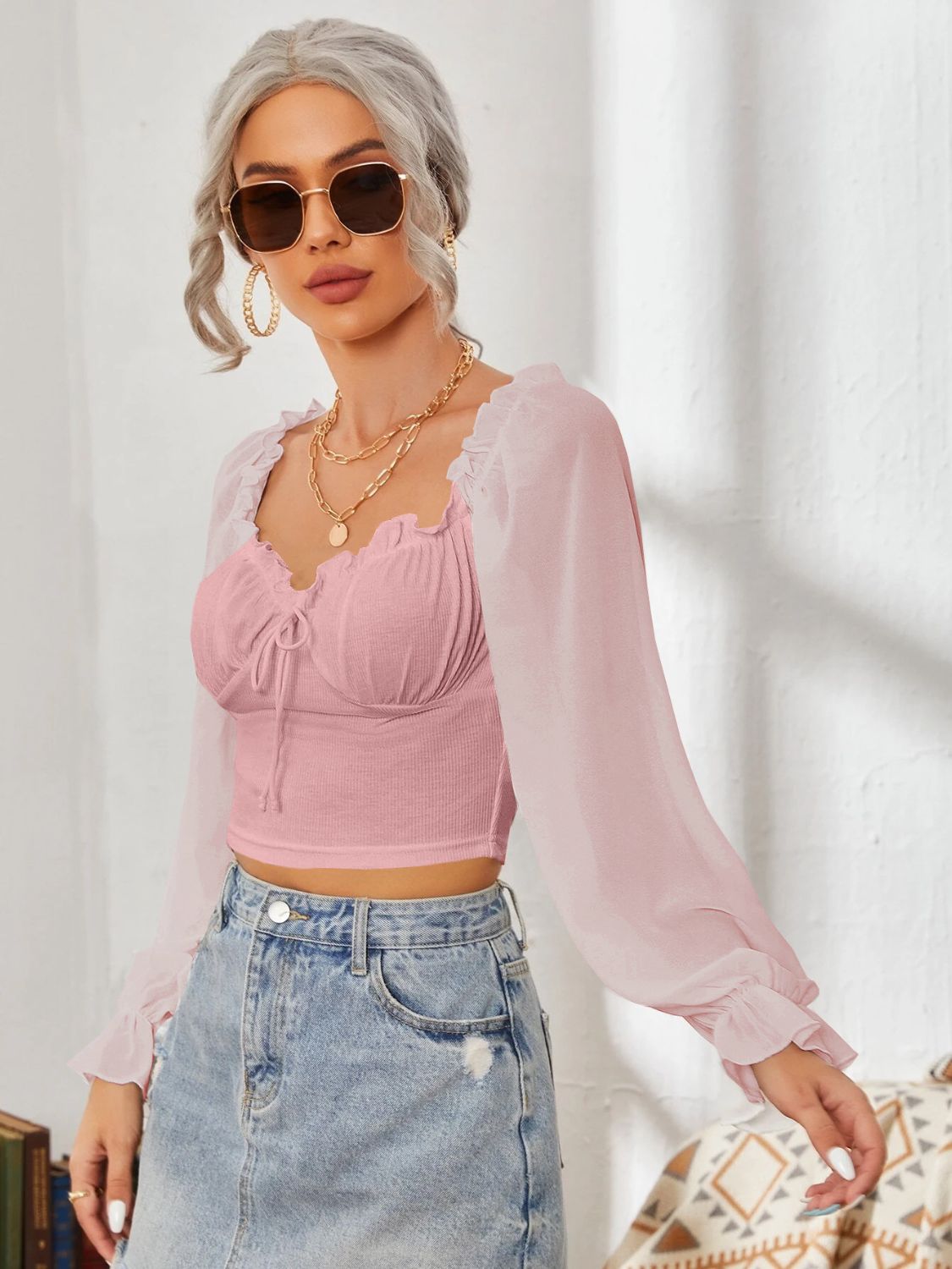Mesh Sweetheart Neck Flounce Sleeve Top - Charming Charlie
