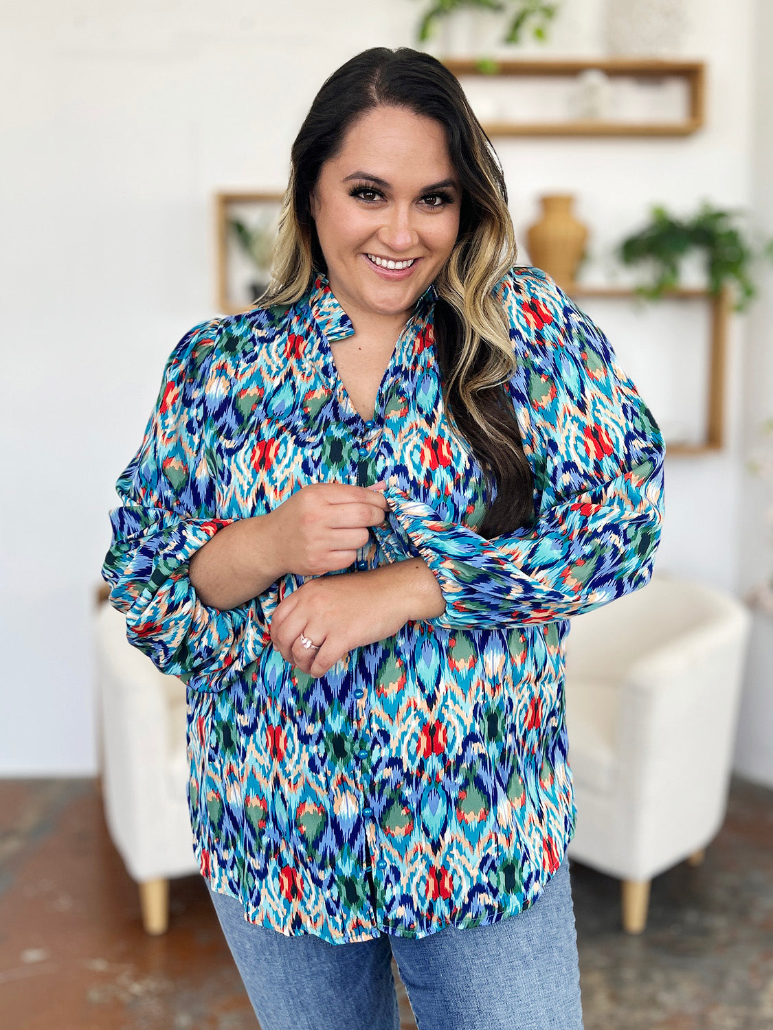Double Take Full Size Printed Balloon Sleeve Blouse - Charming Charlie