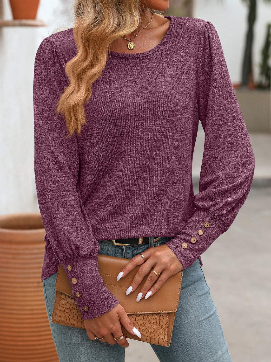 Decorative Button Round Neck Long Sleeve T-Shirt - Charming Charlie