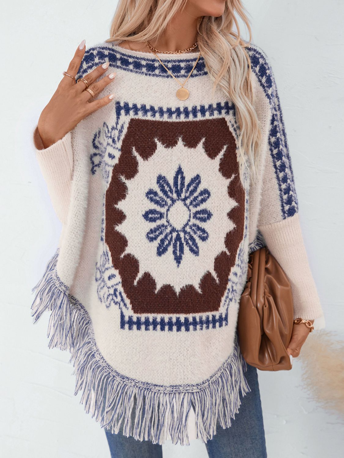 Fringe Geometric Long Sleeve Poncho - Charming Charlie