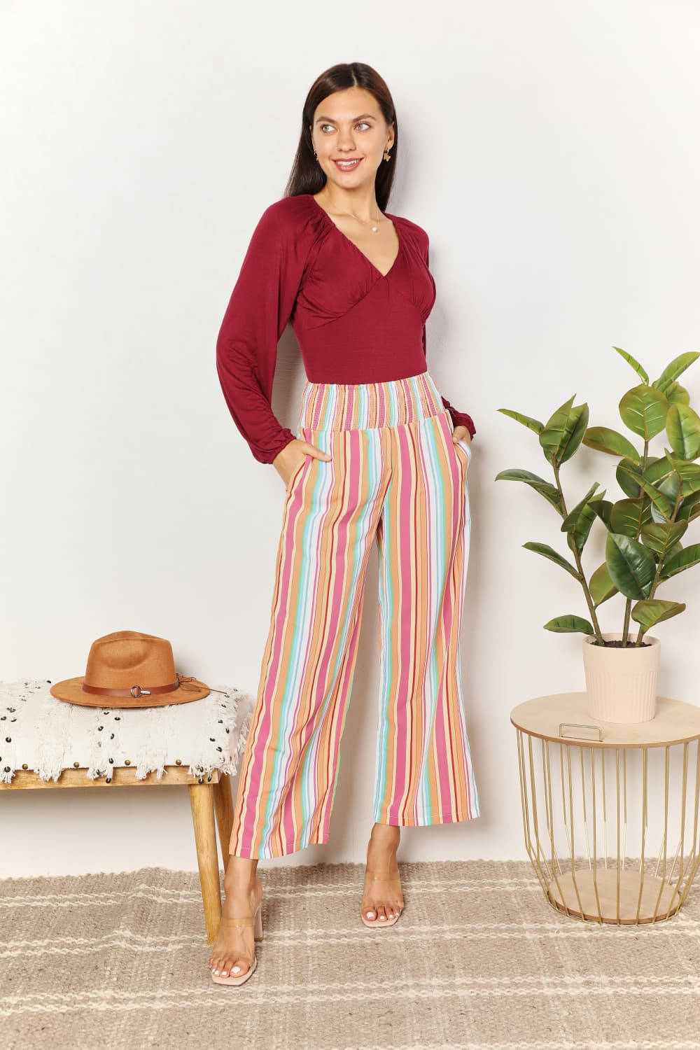 Double Take Striped Smocked Waist Pants with Pockets - Charming Charlie