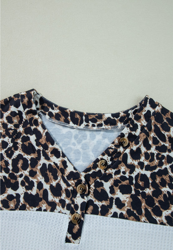 Waffle-Knit Leopard V-Neck Long Sleeve Blouse - Charming Charlie