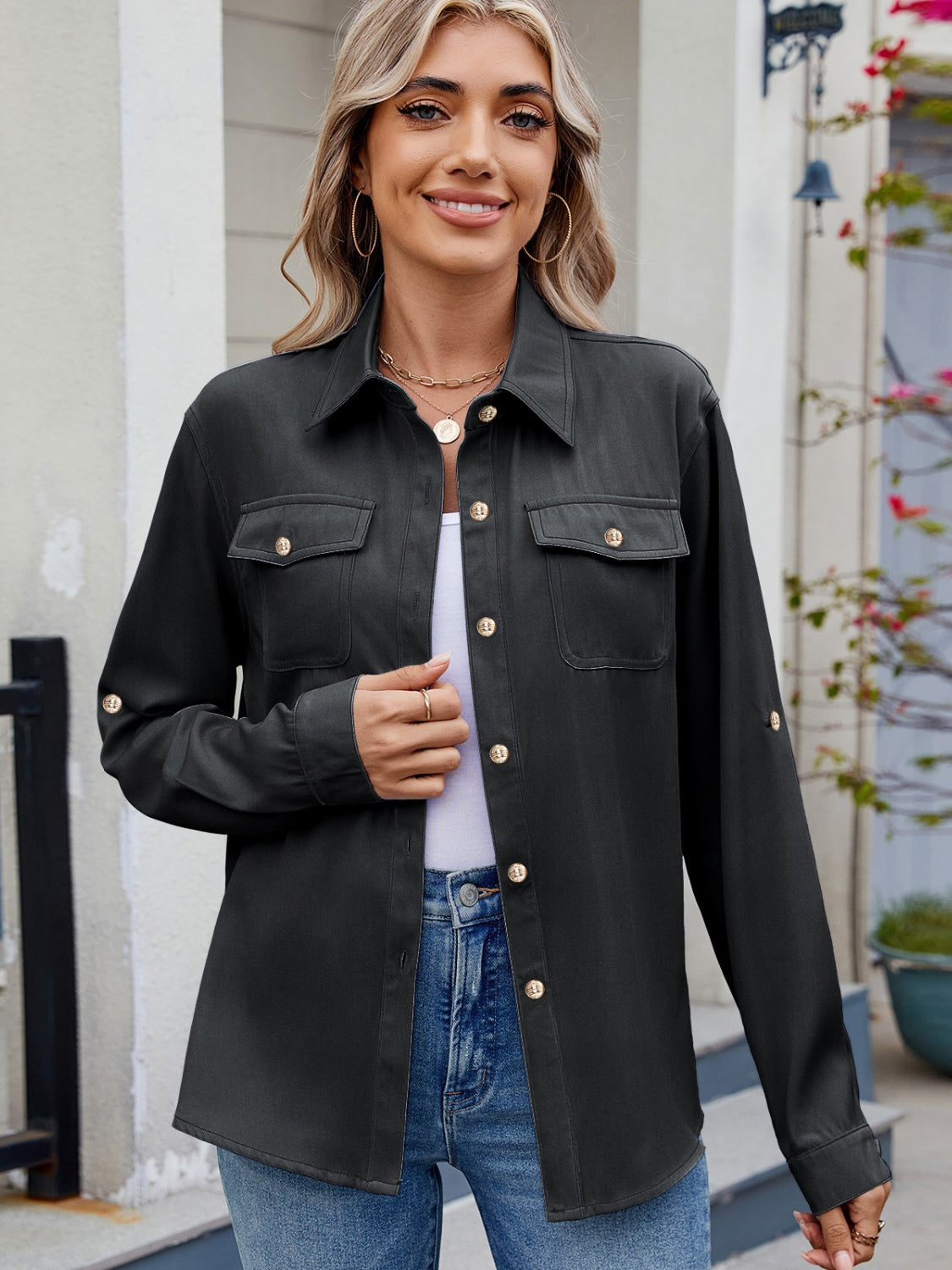 Solid Color Collared Neck Long Sleeve Shirt - Charming Charlie