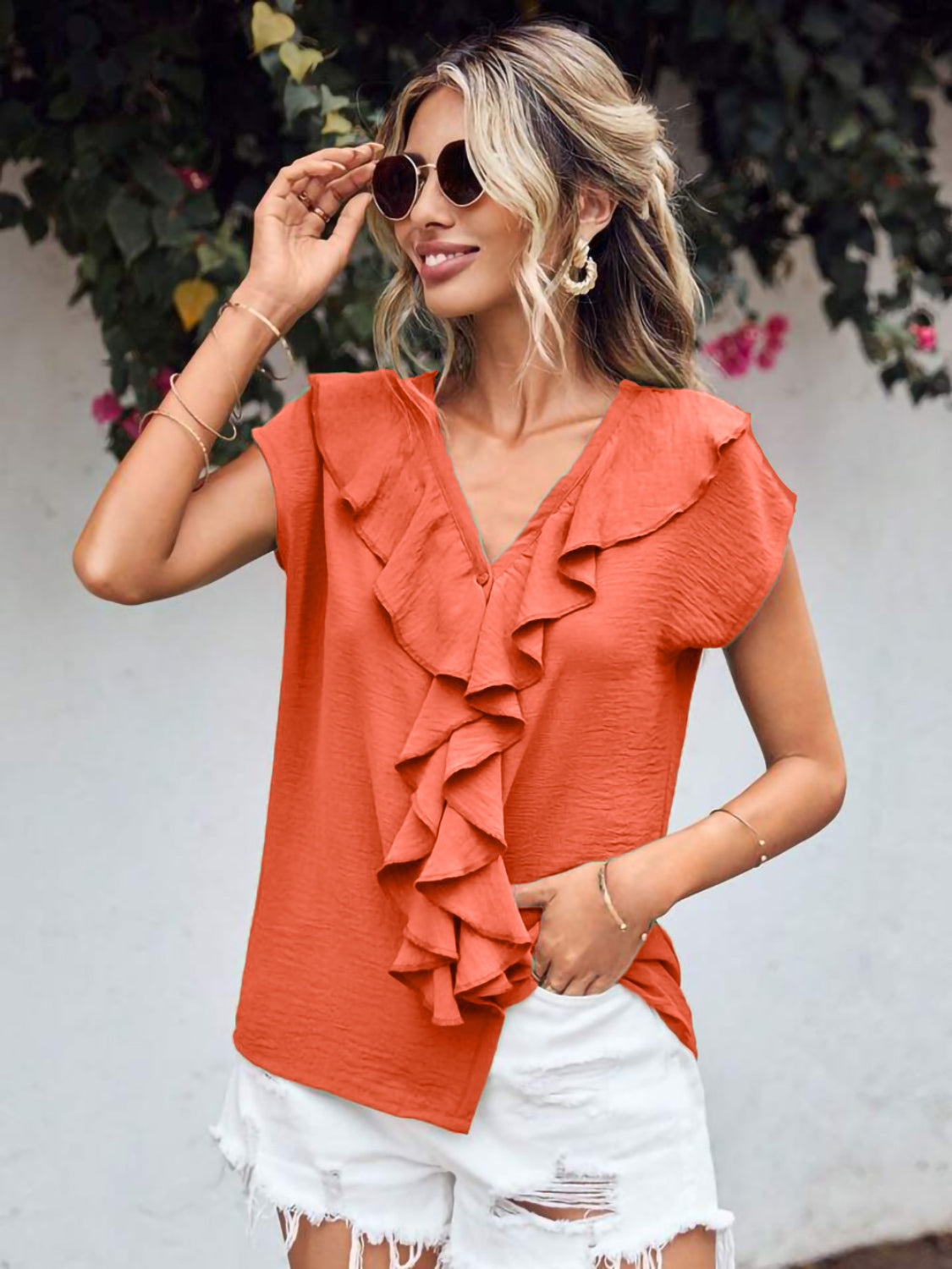 Ruffled V-Neck Short Sleeve Blouse - Charming Charlie