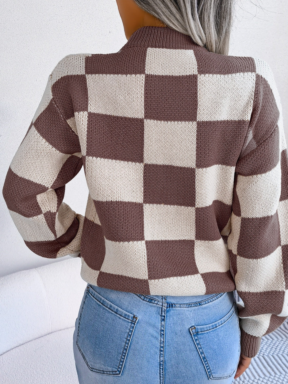 Checkered Mock Neck Long Sleeve Sweater - Charming Charlie