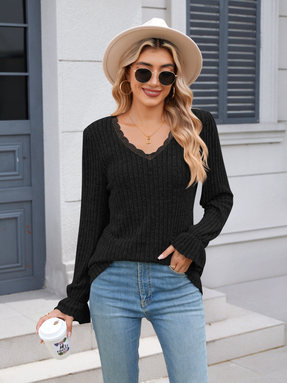 Lace Detail V-Neck Long Sleeve T-Shirt - Charming Charlie