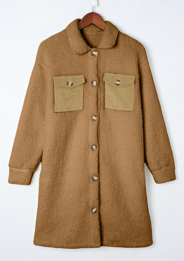 Collared Neck Long Sleeve Longline Teddy Jacket - Charming Charlie