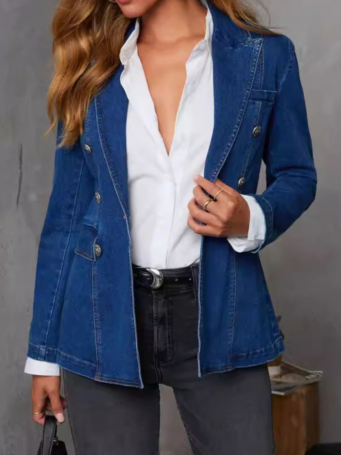 Collared Neck Long Sleeve Denim Jacket - Charming Charlie