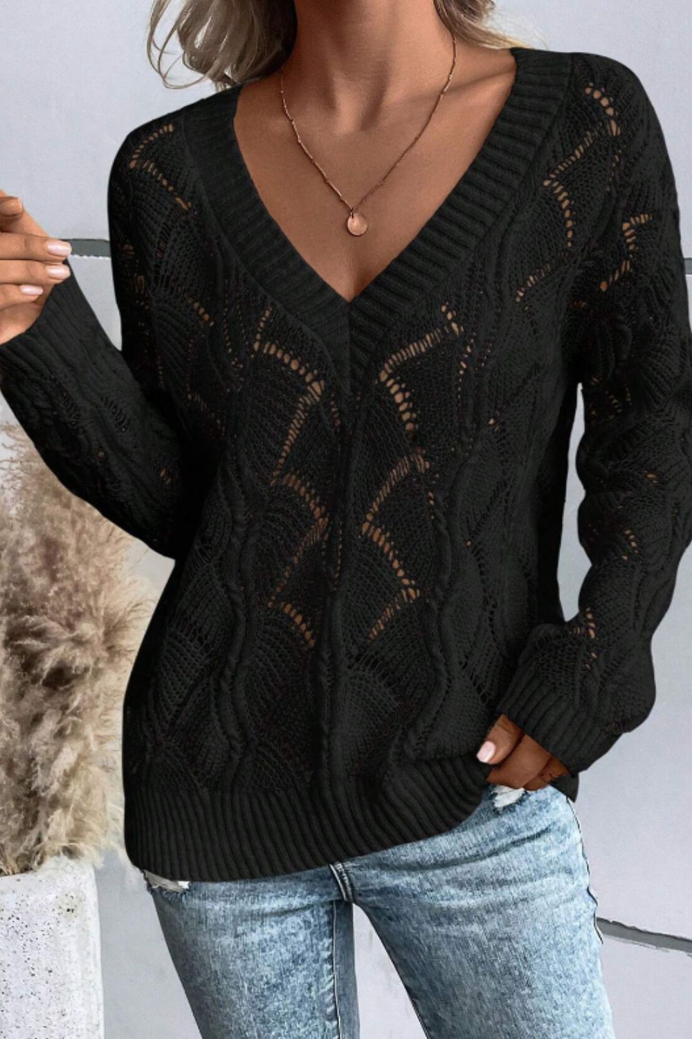 Openwork V-Neck Long Sleeve Sweater - Charming Charlie