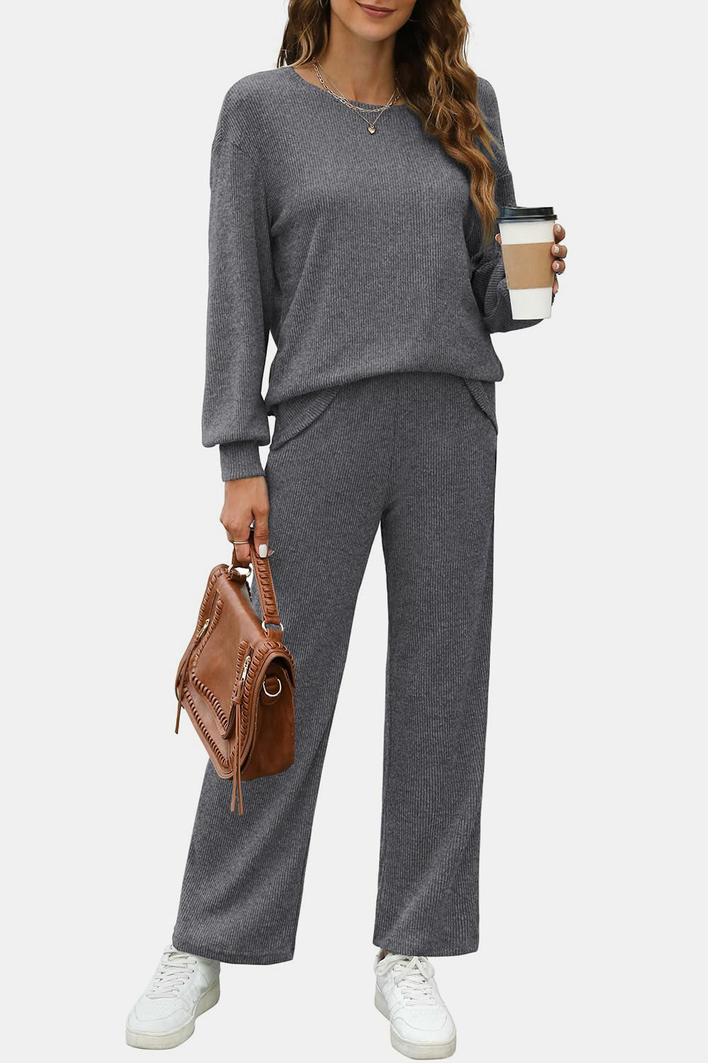 Round Neck Long Sleeve Top and Pants Set - Charming Charlie
