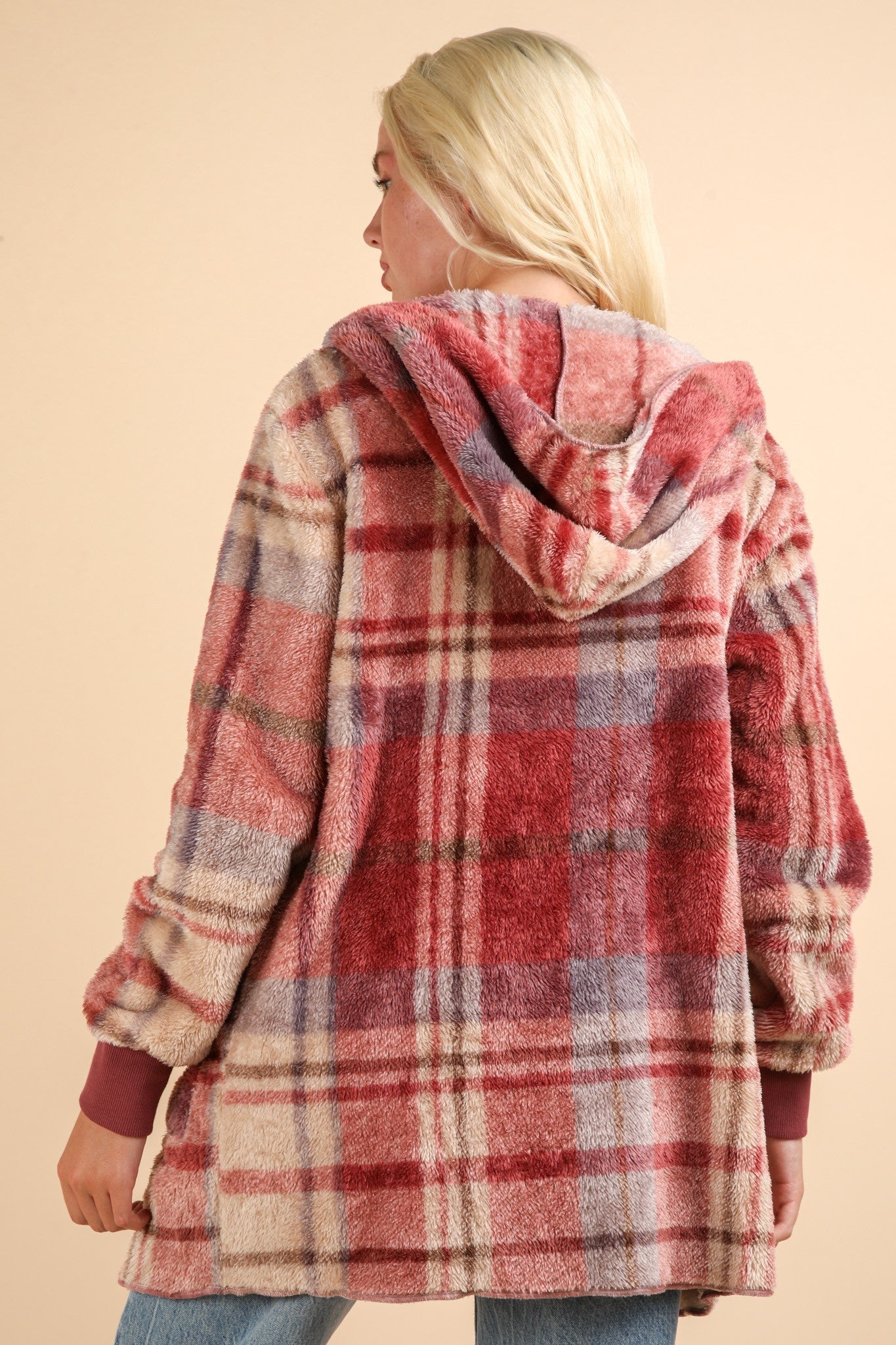 VERY J Fuzzy Plaid Long Sleeve Hooded Jacket - Charming Charlie