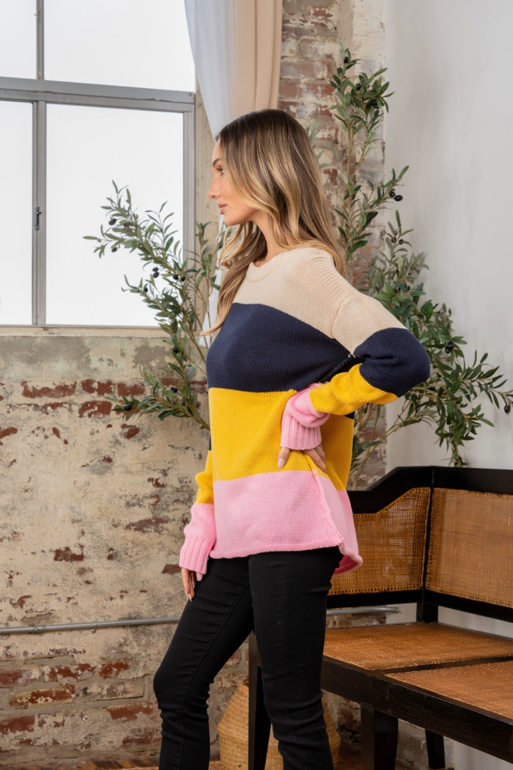 Sew In Love Full Size Color Block Exposed Seam Sweater - Charming Charlie