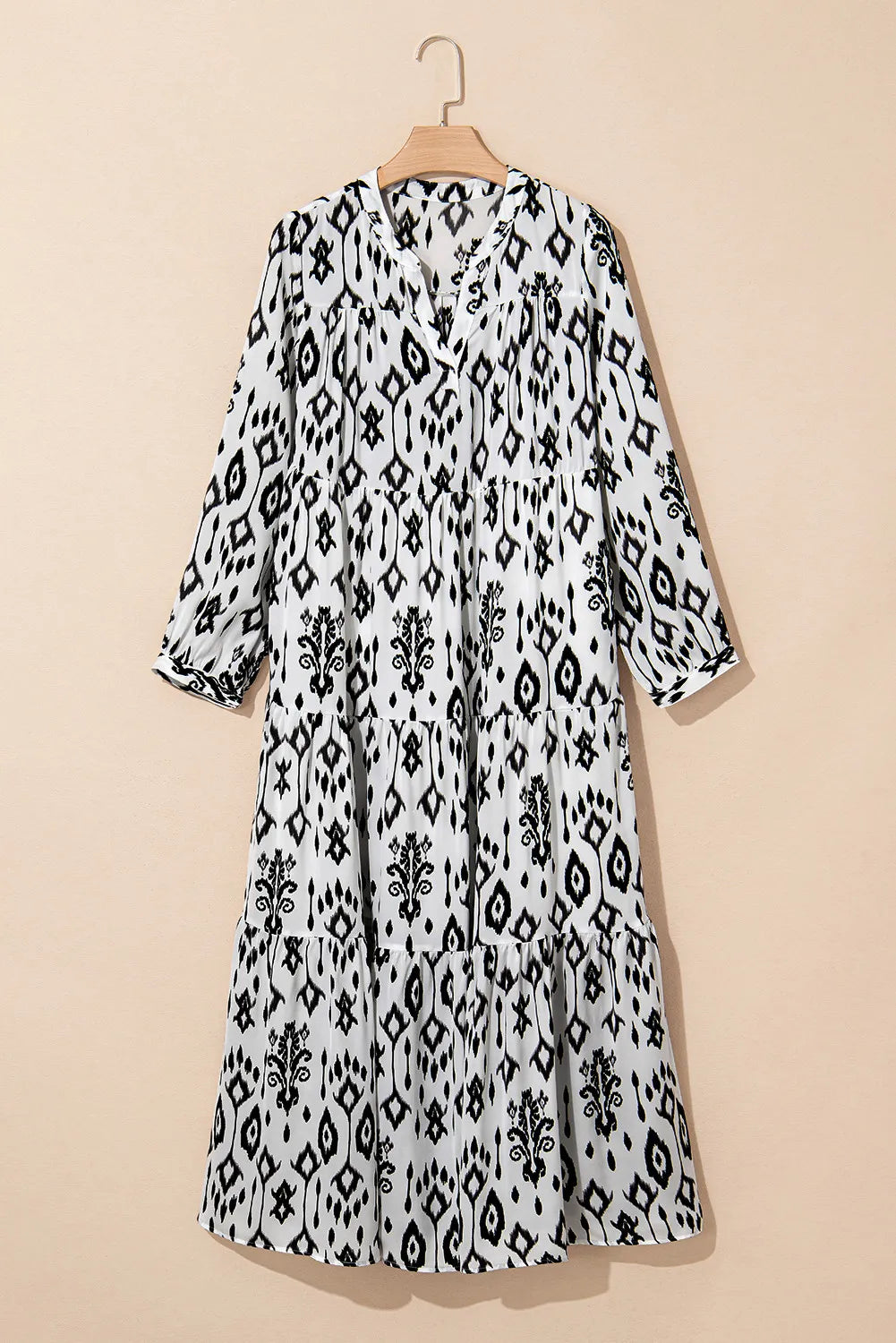 Tiered Printed Notched Long Sleeve Midi Dress - Charming Charlie
