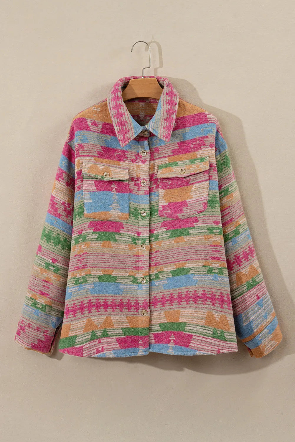 Plus Size Pocketed Printed Collared Neck Jacket - Charming Charlie