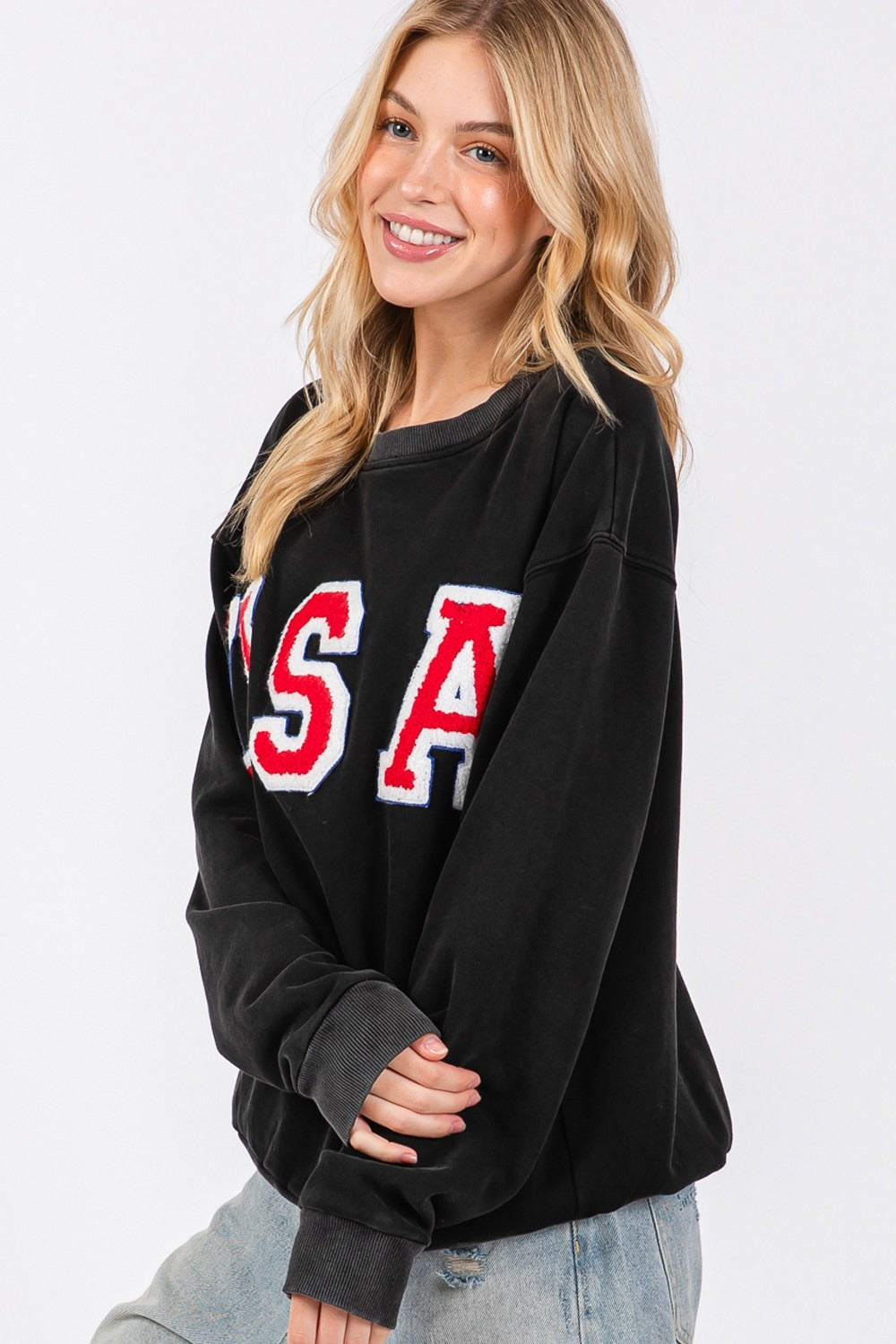 SAGE + FIG USA Letter Patch Round Neck Sweatshirt - Charming Charlie