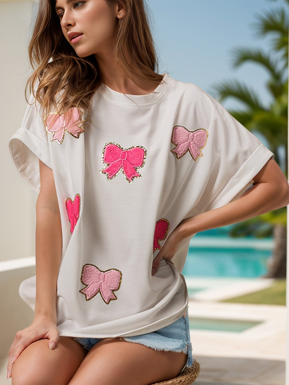 Bow Round Neck Short Sleeve T-Shirt - Charming Charlie