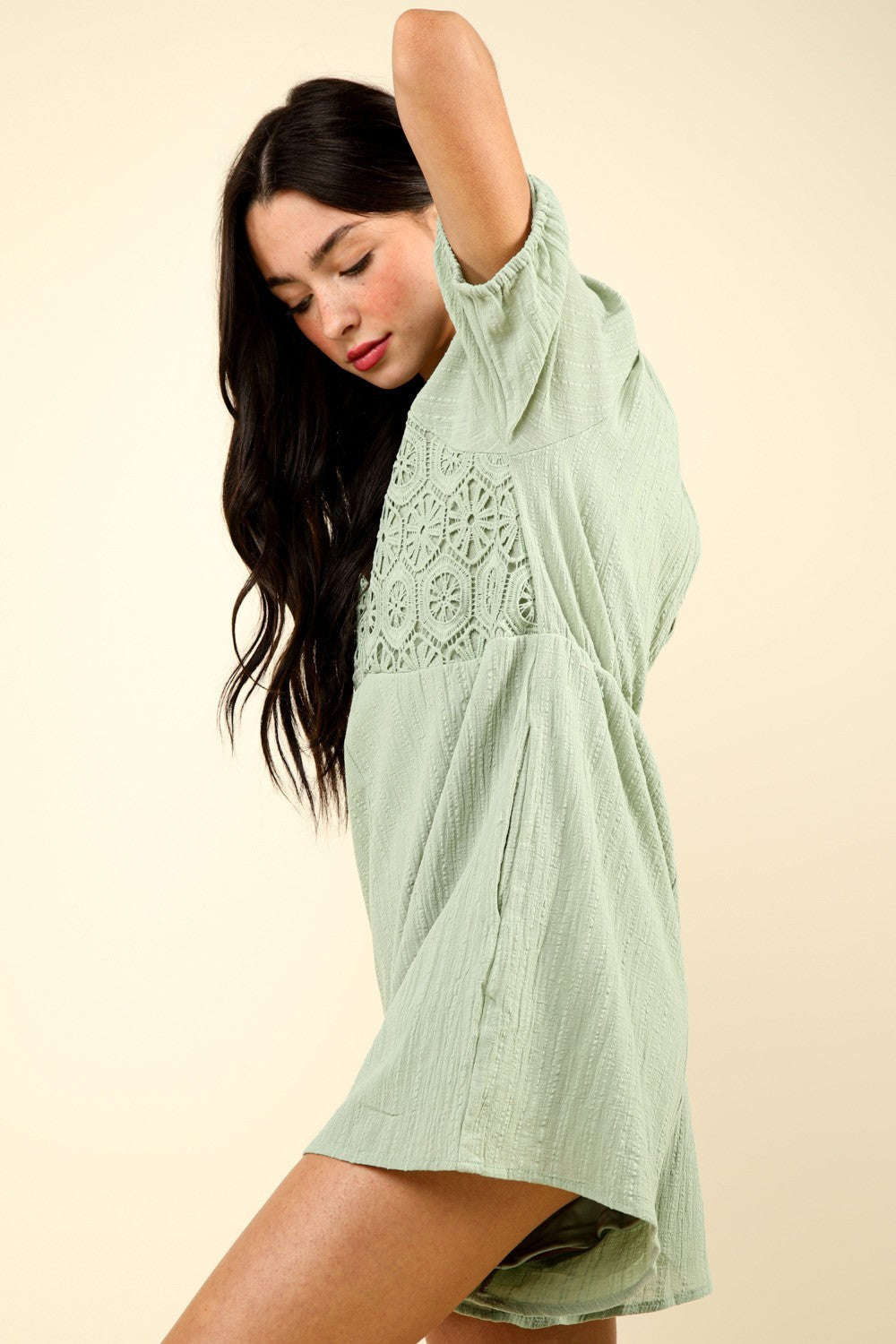 VERY J Lace Detail Puff Sleeve Romper with Pockets - Charming Charlie